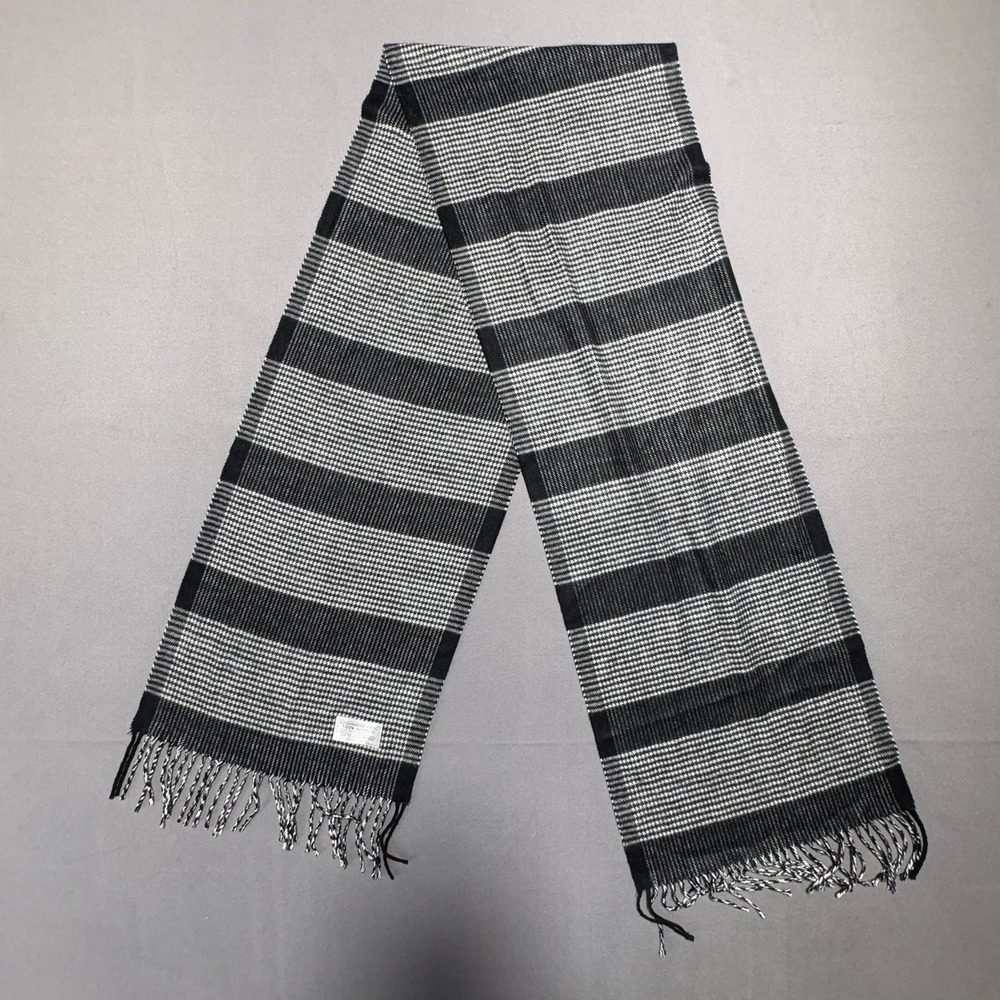 Cashmere Feel Acrylic Scarf Black White Houndstooth Striped Fringe 12x72 Inch